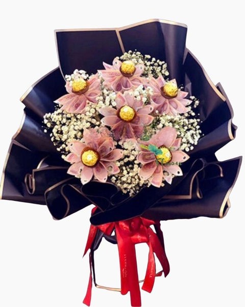 Hộp chocolate đẹp cho tình yêu ngọt ngào: Hoa Bó Tiền 50k Mix Socola - BT03 - Hoa 8/3