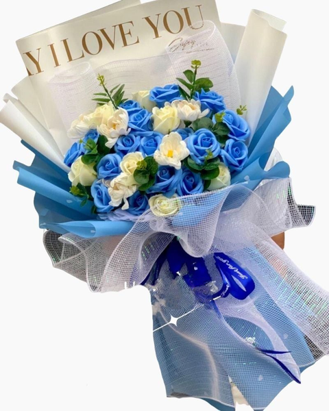 Hoa Hồng: Blue and White Bouquet - HST07 - Hoa Hồng Sáp Thơm Đẹp