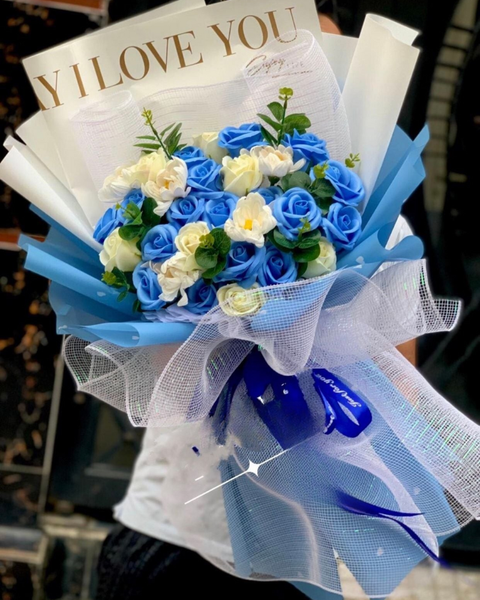 Hoa Hồng: Blue and White Bouquet - HST07 - Hoa Hồng Sáp Thơm Đẹp