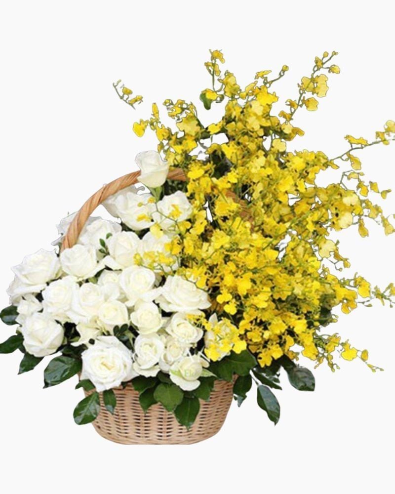  Giỏ Hoa Hồng Trắng Mix - GHV08 - Giỏ hoa tươi 