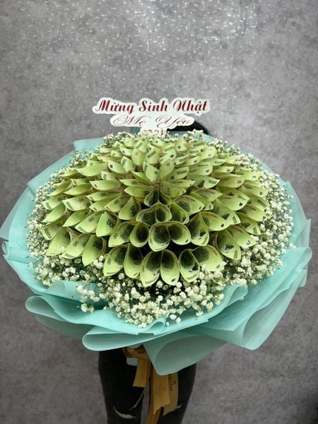Mẫu Hoa Tiền 500K, 100K, Tiền Đô Tặng Vợ, Mẹ, Người Yêu 20/10: bo-hoa-giac-mo-mau-xanh-hoa-20-10-hb91