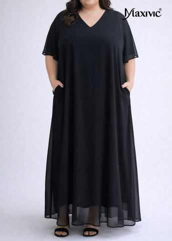 Đầm Voan Đen Dáng Suông Cổ Tim Maxivic