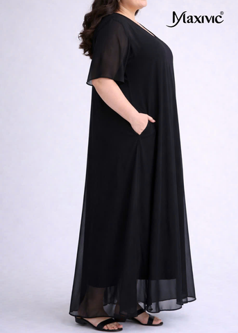 Đầm Voan Đen Dáng Suông Cổ Tim Maxivic