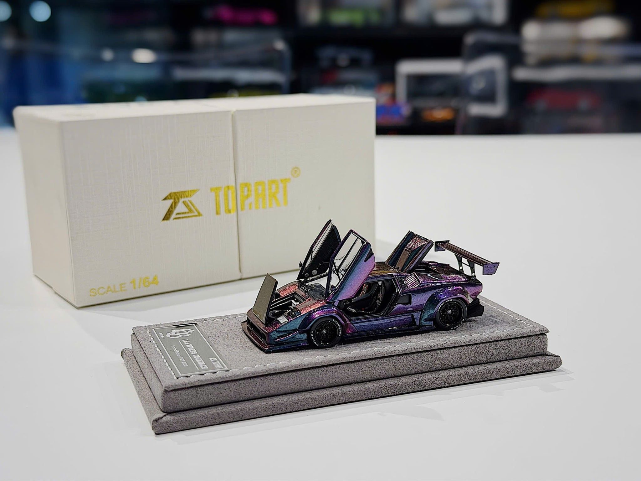 XE MÔ HÌNH LAMBORGHINI COUNTACH LBW PUPRLE,TỶ LỆ 1/64 TOPART