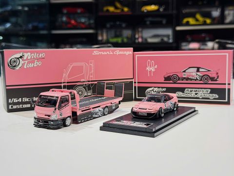  XE MÔ HÌNH NISSAN 180SX ROCKET BUNNY X CUSTOM TOW TRUCK METALLIC PINK,TỶ LỆ 1/64 MICRO TURBO 