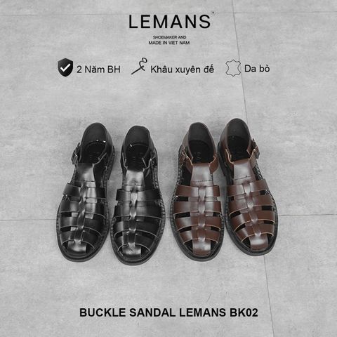  Dép Rọ Da bò Lemans nam - Buckle Sandal BK02 Đen&Nâu - đế Mckay cao 2.2cm BH 12T 