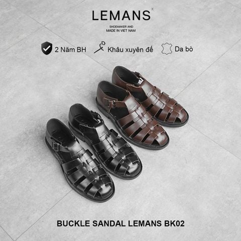  Dép Rọ Da bò Lemans nam - Buckle Sandal BK02 Đen&Nâu - đế Mckay cao 2.2cm BH 12T 