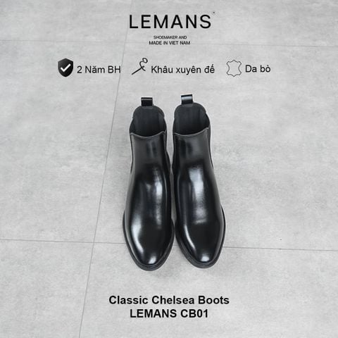  Giày da bò nguyên tấm Chelsea boots Classic Black LEMANS CB01 