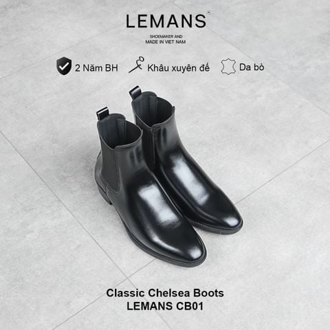  Giày da bò nguyên tấm Chelsea boots Classic Black LEMANS CB01 
