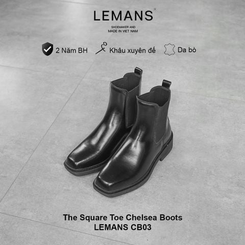  Giày Mũi Vuông The Square Toe Chelsea Boots Lemans Black CB03.3 - Da bò - Đế khâu tăng 4cm - BH 24T 