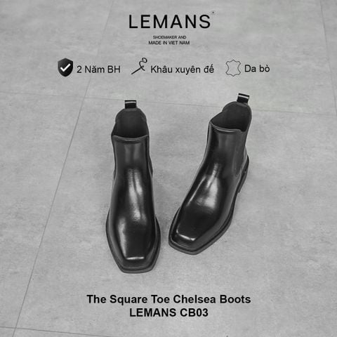  Giày Mũi Vuông The Square Toe Chelsea Boots Lemans Black CB03.3 - Da bò - Đế khâu tăng 4cm - BH 24T 