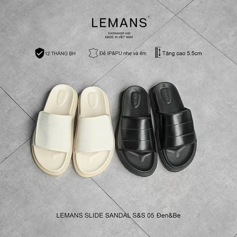  Dép Tăng Chiều Cao LEMANS SLIDE SANDAL S&S05 -BLACK, đế 2 lớp cao 5.5cm, thiết kế dép quai ngang dán, Bảo hành 12 tháng 
