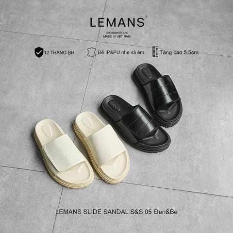  Dép Tăng Chiều Cao LEMANS SLIDE SANDAL S&S05 -BLACK, đế 2 lớp cao 5.5cm, thiết kế dép quai ngang dán, Bảo hành 12 tháng 