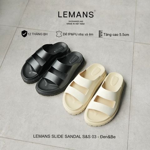  Dép Tăng Chiều Cao LEMANS SLIDE SANDAL S&S03 - Đen&Be, đế 2 lớp cao 5.5cm, thiết kế dép 2 quai ngang, Bảo hành 12 tháng 