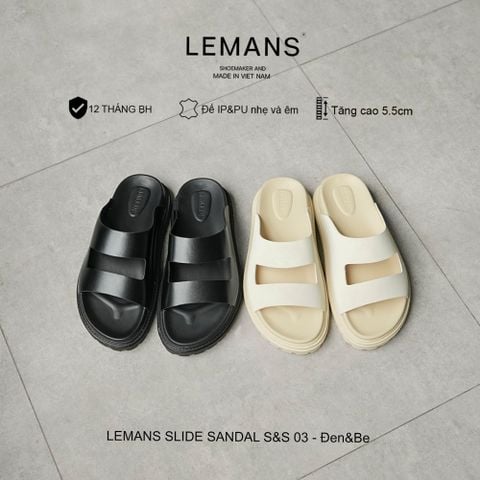  Dép Tăng Chiều Cao LEMANS SLIDE SANDAL S&S03 - Đen&Be, đế 2 lớp cao 5.5cm, thiết kế dép 2 quai ngang, Bảo hành 12 tháng 
