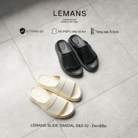  Dép Tăng Chiều Cao LEMANS SLIDE SANDAL S&S02 - BLACK & Be, đế 2 lớp cao 5.5cm, thiết kế dép quai ngang, Bảo hành 12T 