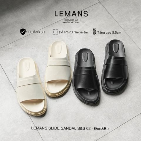  Dép Tăng Chiều Cao LEMANS SLIDE SANDAL S&S02 - BLACK & Be, đế 2 lớp cao 5.5cm, thiết kế dép quai ngang, Bảo hành 12T 