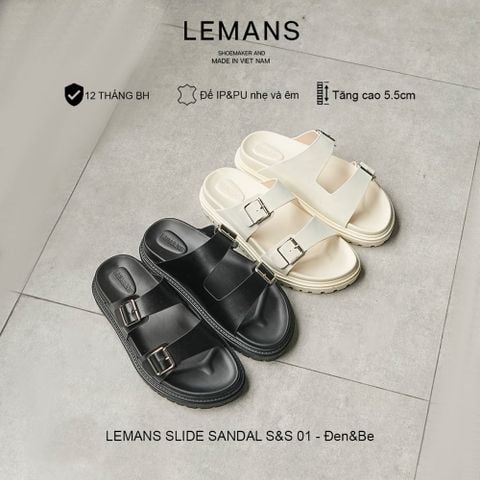  Dép LEMANS SLIDE SANDAL S&S01 - Đen&Be tăng cao, đế 2 lớp cao 5.5cm, mũ may 3 lớp BH 12T 
