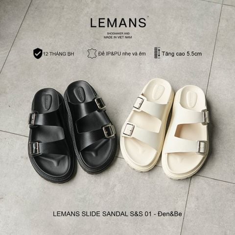  Dép LEMANS SLIDE SANDAL S&S01 - Đen&Be tăng cao, đế 2 lớp cao 5.5cm, mũ may 3 lớp BH 12T 