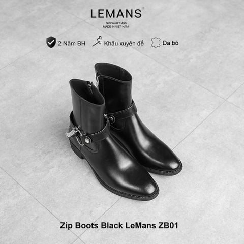  Giày da bò thuộc Zip Boots Black LeMans ZB01, tặng đai zip thành 03 Harness  Boots bảo hành 12 tháng 