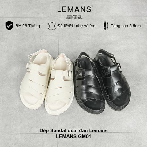  Dép Sandal Quai Đan LEMANS Tăng Chiều Cao GM1.01 Đen + Be  đế 2 lớp cao 5.5cm, thiết kế dép quai đan Bảo hành 12 tháng 