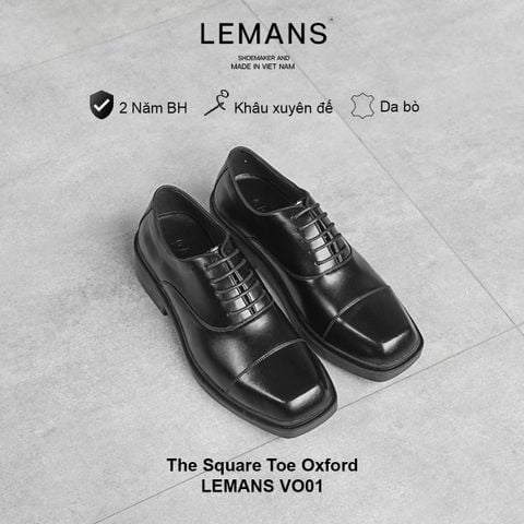  Giày Oxford mũi vuông LEMANS -  Black VO01- Da bò - Đế cao su tăng cao 4cm - BH 24T 