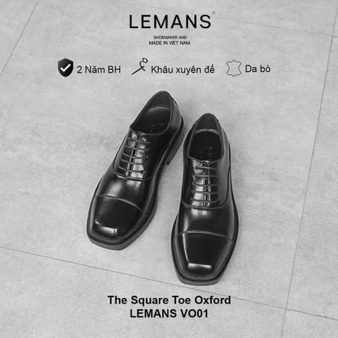  Giày Oxford mũi vuông LEMANS -  Black VO01- Da bò - Đế cao su tăng cao 4cm - BH 24T 