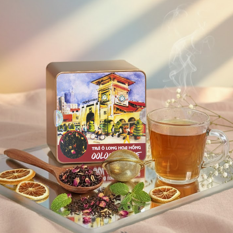  Trà OoLong Hoa Hồng - Hộp Thiếc Vuông Màu Nước 50g 
