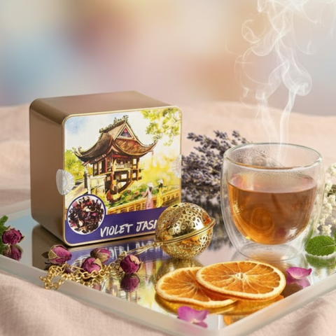  Trà Hoa Thảo Mộc  Violet Jasmine - Hộp Thiếc Vuông Màu Nước 50g 
