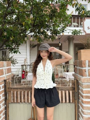  CLÉLIE Áo cổ yếm cột nơ phối viền ren Aimee Top 