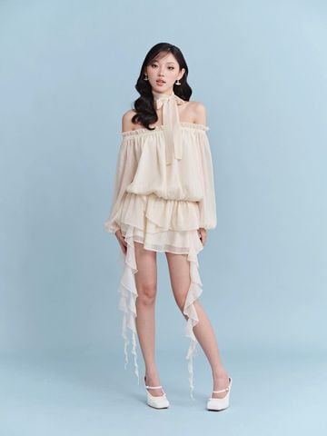  CLÉLIE Đầm trễ vai form rộng phối bèo tua rua Buttercup Dress 