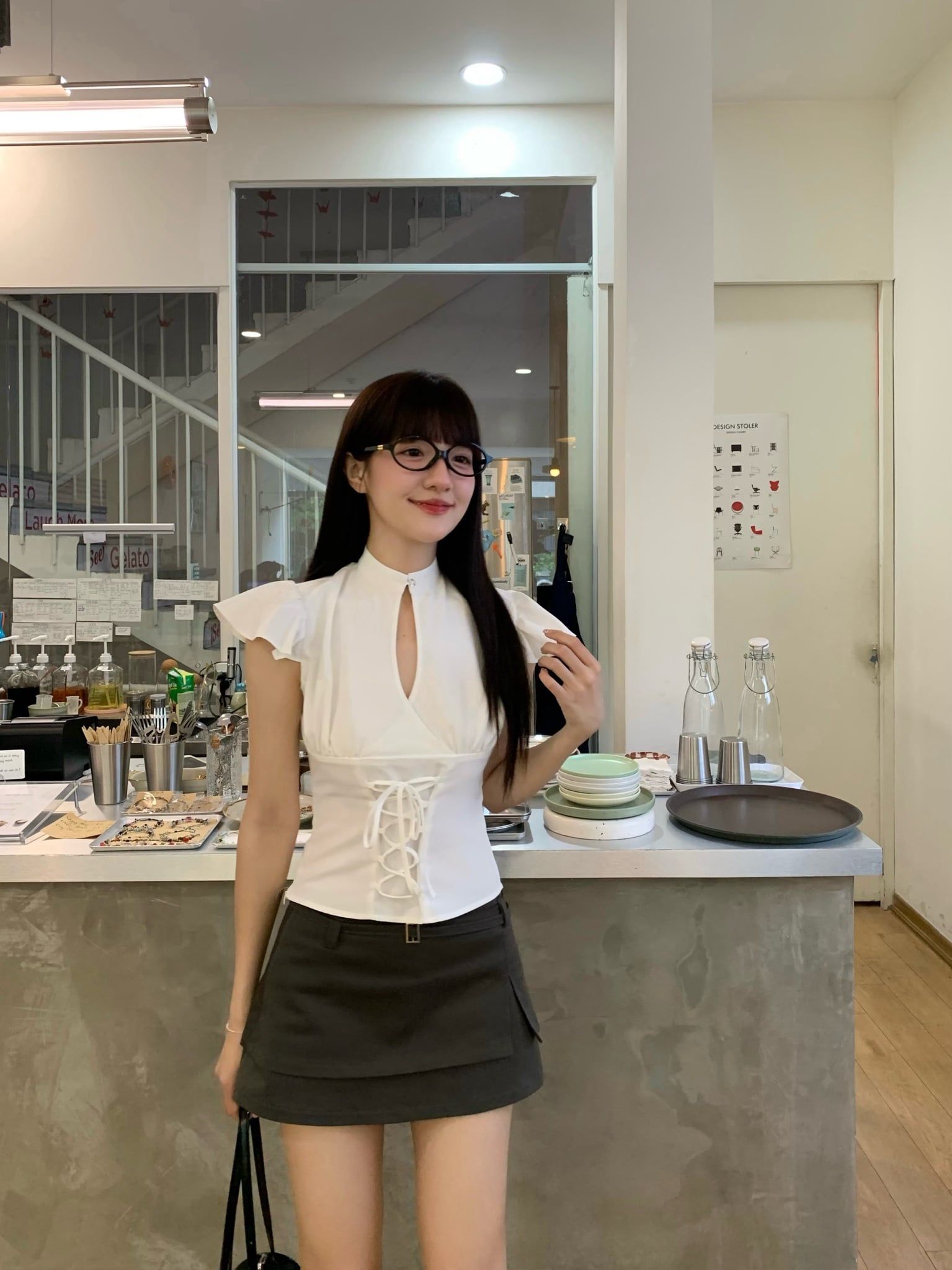  CLÉLIE Áo kiểu cổ trụ thiết kế thắt dây MIKI TOP 
