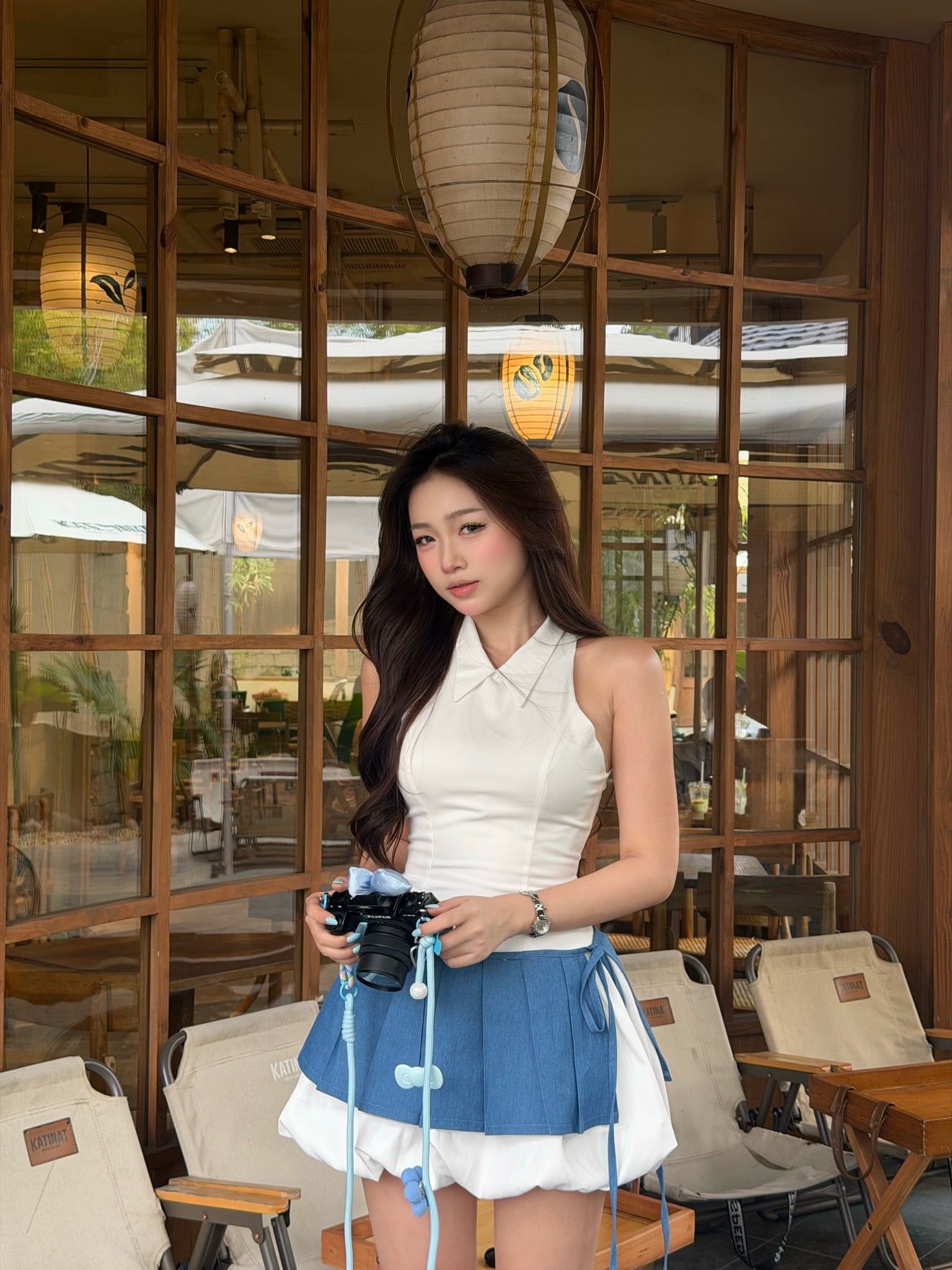  CLÉLIE Đầm nữ cổ bẻ sơ mi khoe vai dáng phồng phối denim xếp ly Barbara Dress 