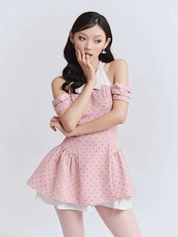  CLÉLIE Đầm chấm bi xòe phối cổ sơ mi trễ vai Calantha Dress 