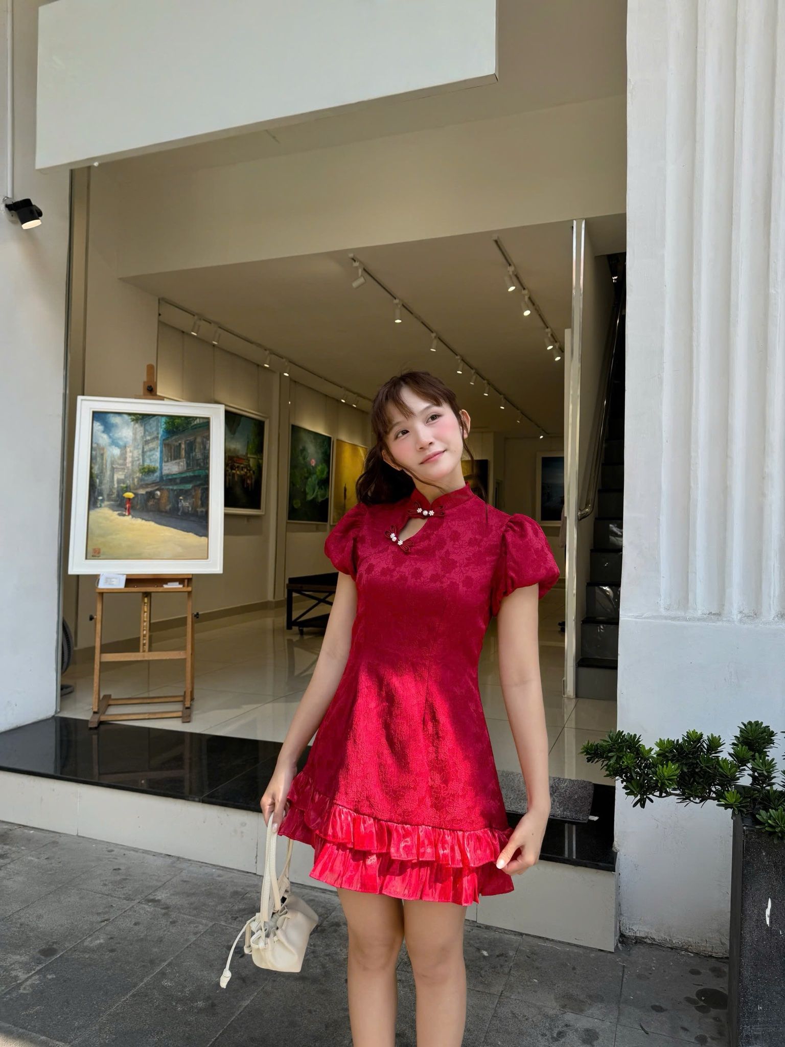  CLÉLIE Đầm gấm chữ A xòe tay bồng phối tơ ánh kim Gloria Dress 