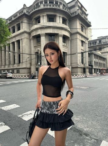  CLÉLIE Set Áo yếm lưới hở vai và chân váy xếp li form ngắn cạp trễ TAGAN SET 