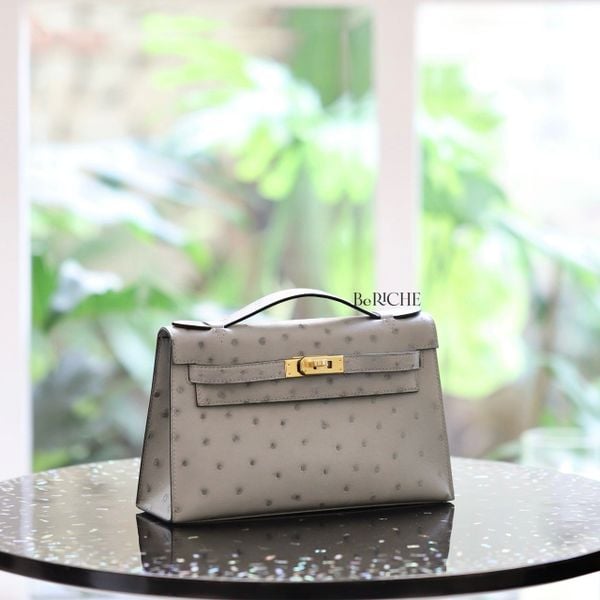  Kelly Pochette KP22 Ostrich Bleu Glacier GHW 