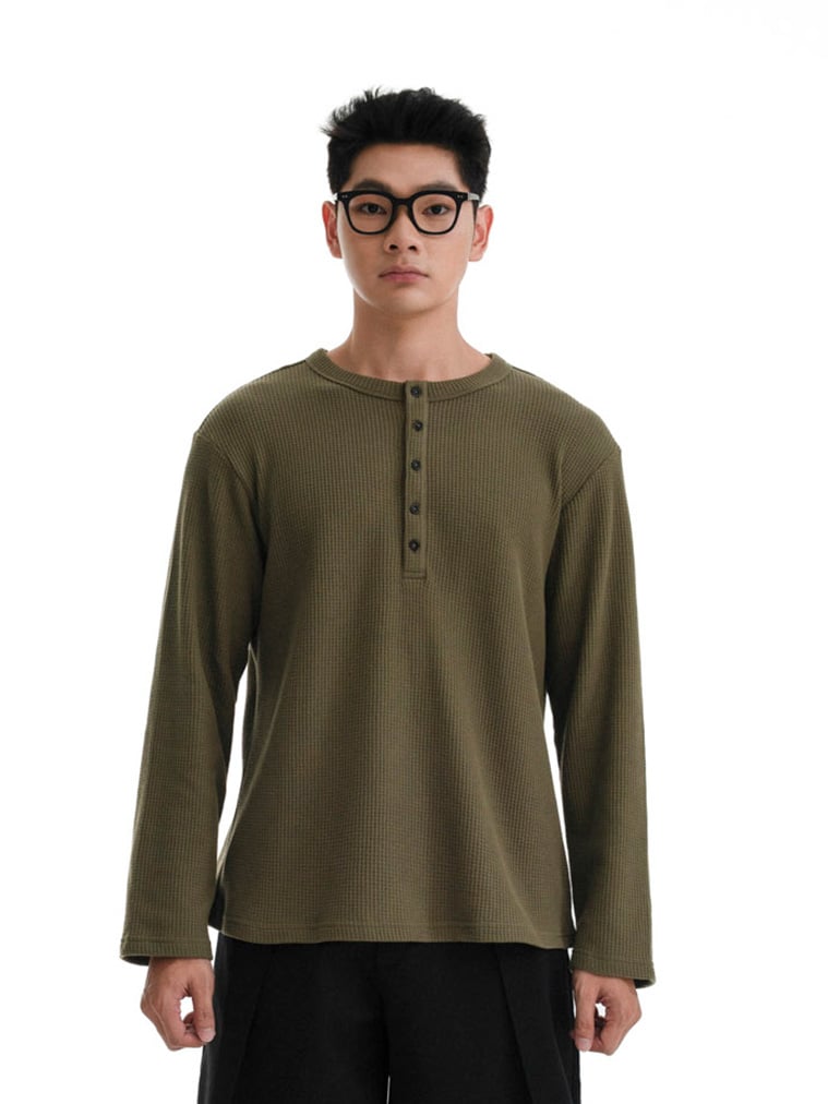  HOWS® WAFFLE LONG SLEEVE HENLEY / MOSS 