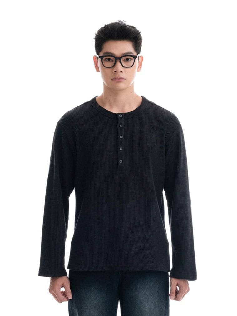  HOWS® WAFFLE LONG SLEEVE HENLEY / BLACK 