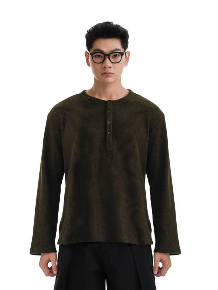  HOWS® WAFFLE LONG SLEEVE HENLEY / DARK MOSS 