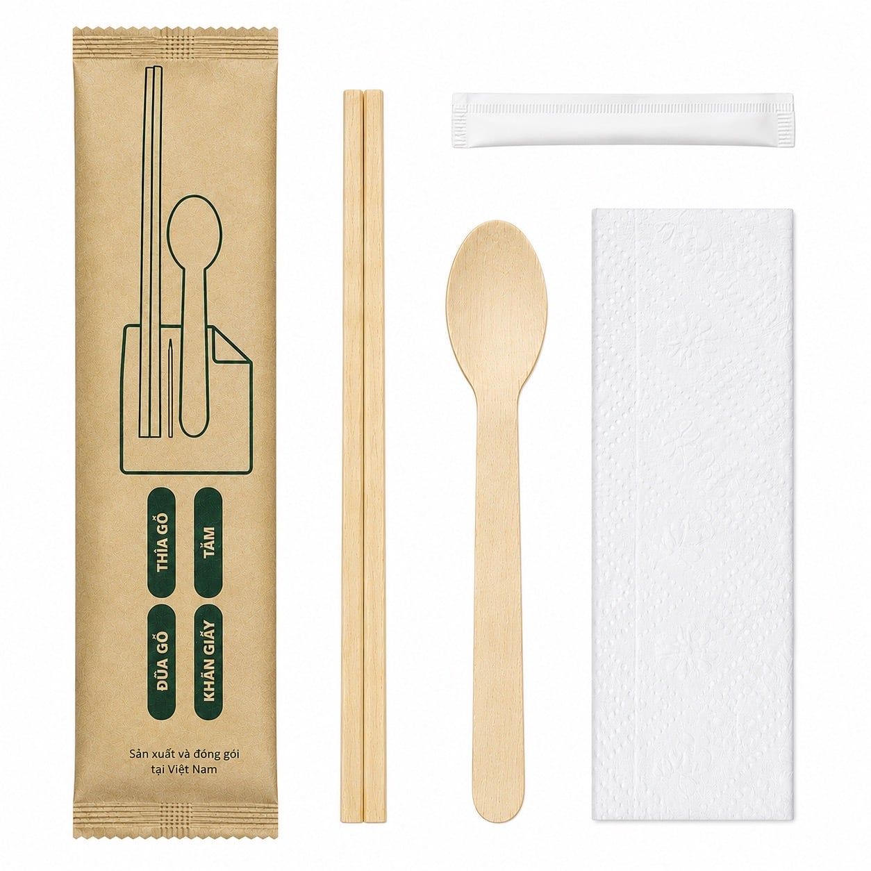  Bộ 4 món (muỗng gỗ, đũa, giấy, tăm) 