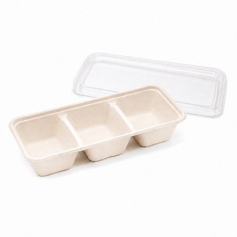  Hộp bã mía bento 3 ngăn 600ml nắp PET 