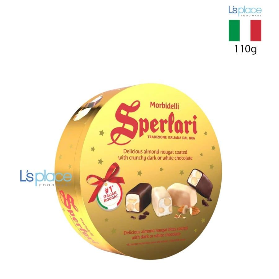 Sperlari Kẹo Nougat hạnh nhân phủ socola hộp thiếc đỏ - vàng