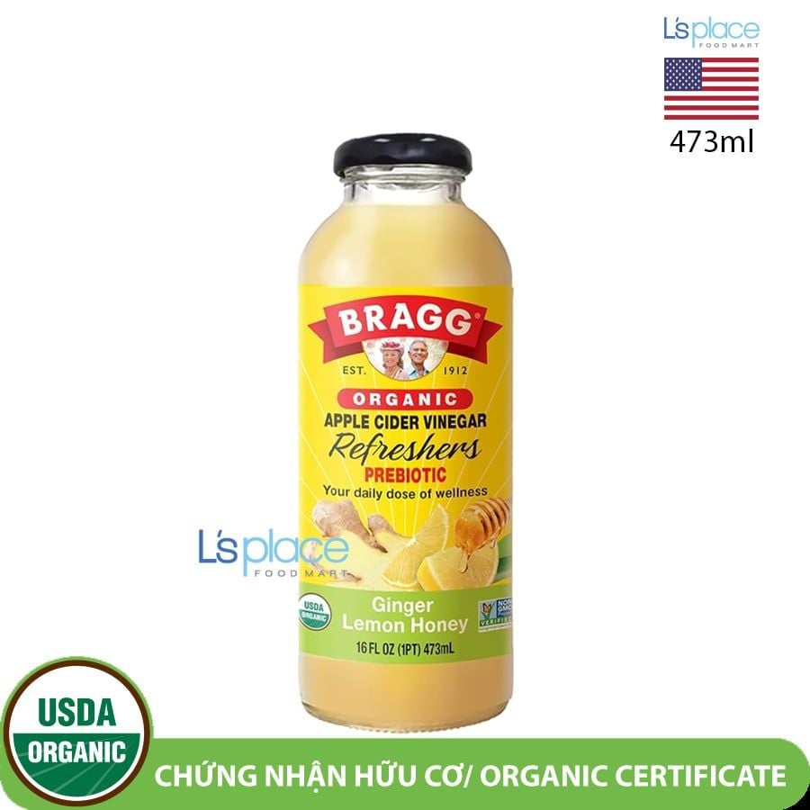 Bragg Dấm táo Prebiotic hữu cơ vị gừng chanh vàng mật ong Refreshers