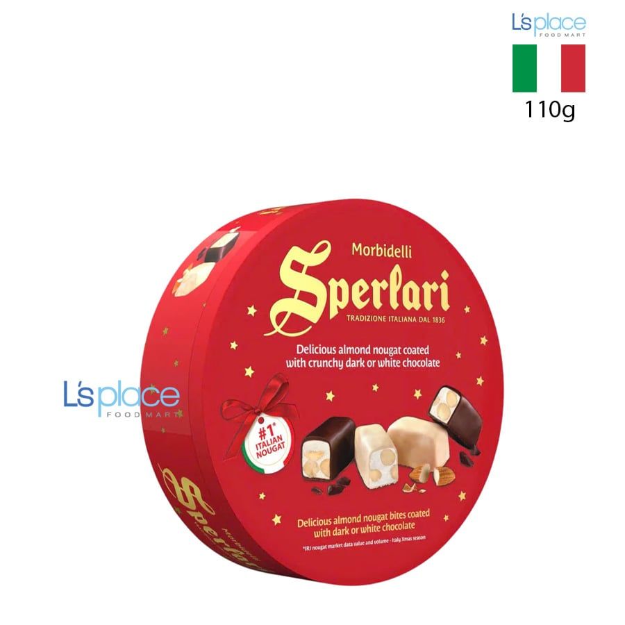 Sperlari Kẹo Nougat hạnh nhân phủ socola hộp thiếc đỏ - vàng