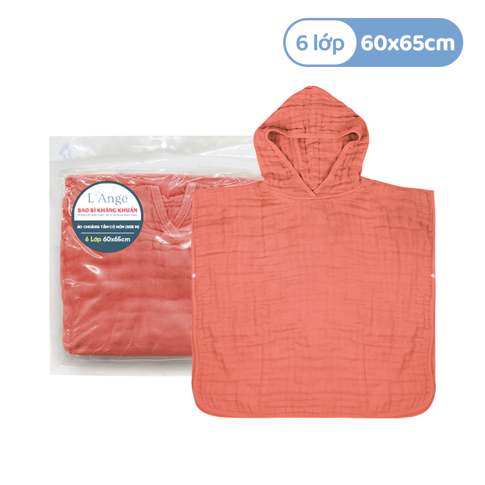  L'ANGE ÁO CHOÀNG TẮM 6 LỚP CÓ NÓN CHO BÉ 60x65cm - MÀU CORAL RED (SIZE M) 