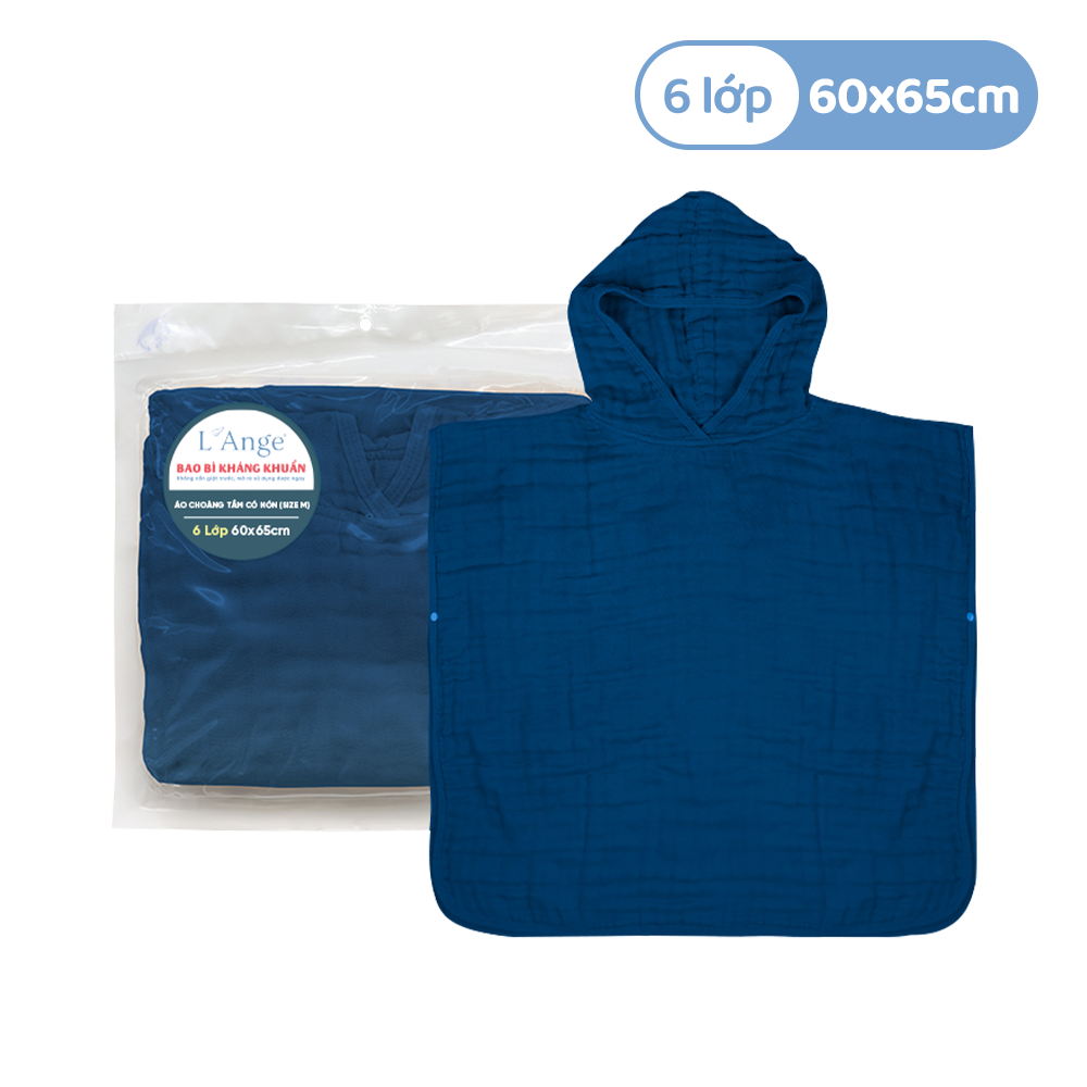  L'ANGE ÁO CHOÀNG TẮM 6 LỚP CÓ NÓN CHO BÉ 60x65cm - MÀU DEEP SEA BLUE (SIZE M) 