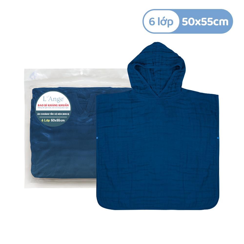  L'ANGE ÁO CHOÀNG TẮM 6 LỚP CÓ NÓN CHO BÉ 50x55cm - MÀU DEEP SEA BLUE (SIZE S) 