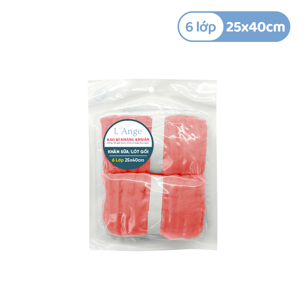  L'ANGE - KHĂN SỮA/LÓT GỐI 6 LỚP CORAL RED 25X40 (SET 2 CÁI) 
