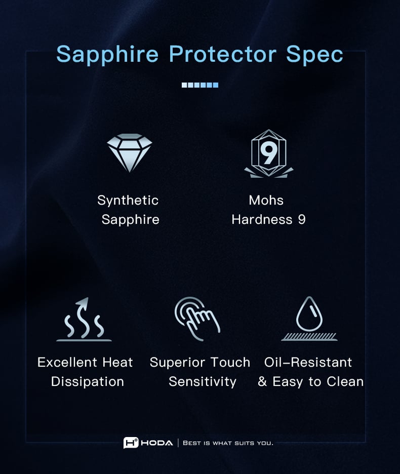 Thông số kính cường lực Hoda Sapphire: sapphire tổng hợp, Mohs 9, tản nhiệt, cảm ứng nhạy, chống bám dầu